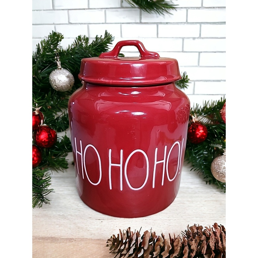 Rae Dunn by Magenta HO HO HO Chubby Canister Cookie Jar w Air-tight Lid Red EUC